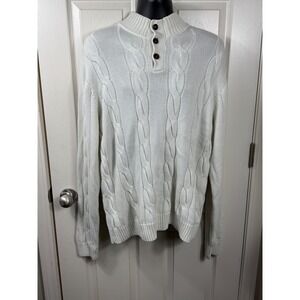 Mens Chaps XL White Cotton Cable Knit Mock Neck Button‎ Sweater Pullover